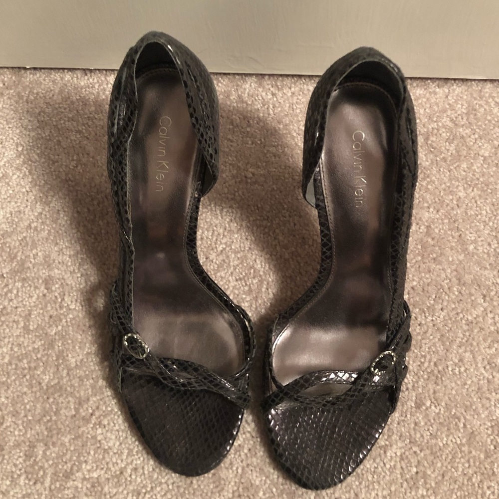 Calvin Klein Gunmetal Python Print Strappy Heels